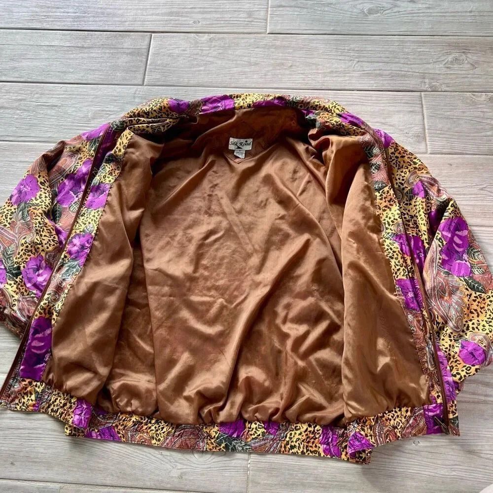 Retro Silk Road Womens Multicolor Paisley‎ Floral Animal Print Bomber Jacket M - Picture 6 of 8